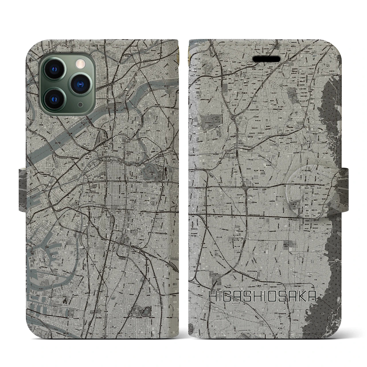 【東大阪(大阪府)】地図柄iPhoneケース(手帳タイプ)モノトーン・iPhone 11 Pro 用