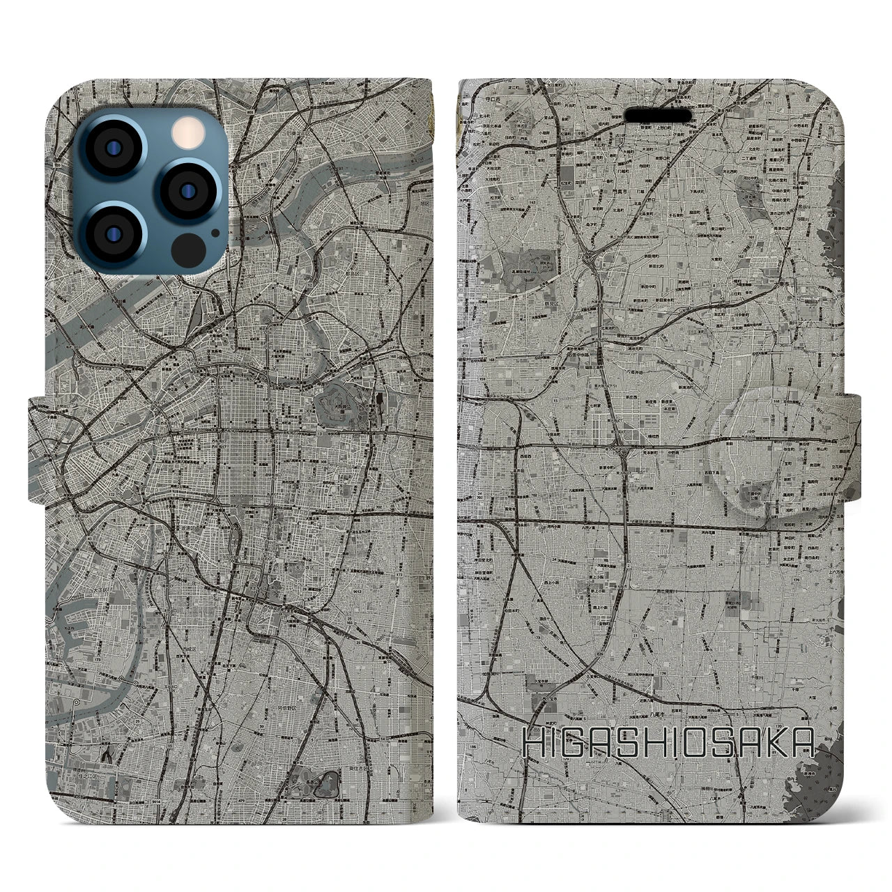 【東大阪(大阪府)】地図柄iPhoneケース(手帳タイプ)モノトーン・iPhone 12 / 12 Pro 用