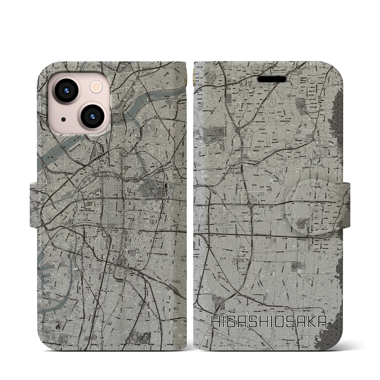 【東大阪(大阪府)】地図柄iPhoneケース(手帳タイプ)モノトーン・iPhone 13 mini 用