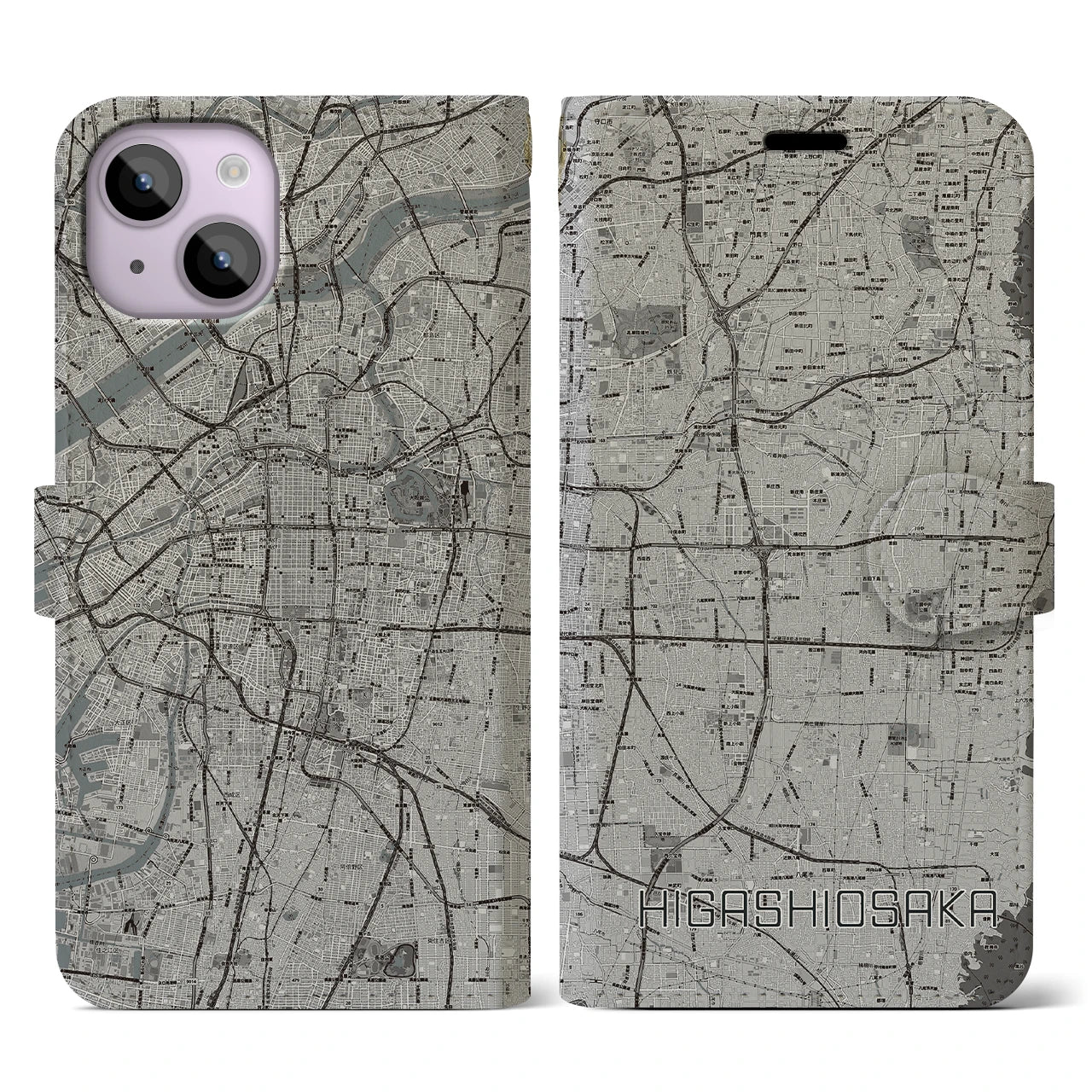 【東大阪(大阪府)】地図柄iPhoneケース(手帳タイプ)モノトーン・iPhone 14 用