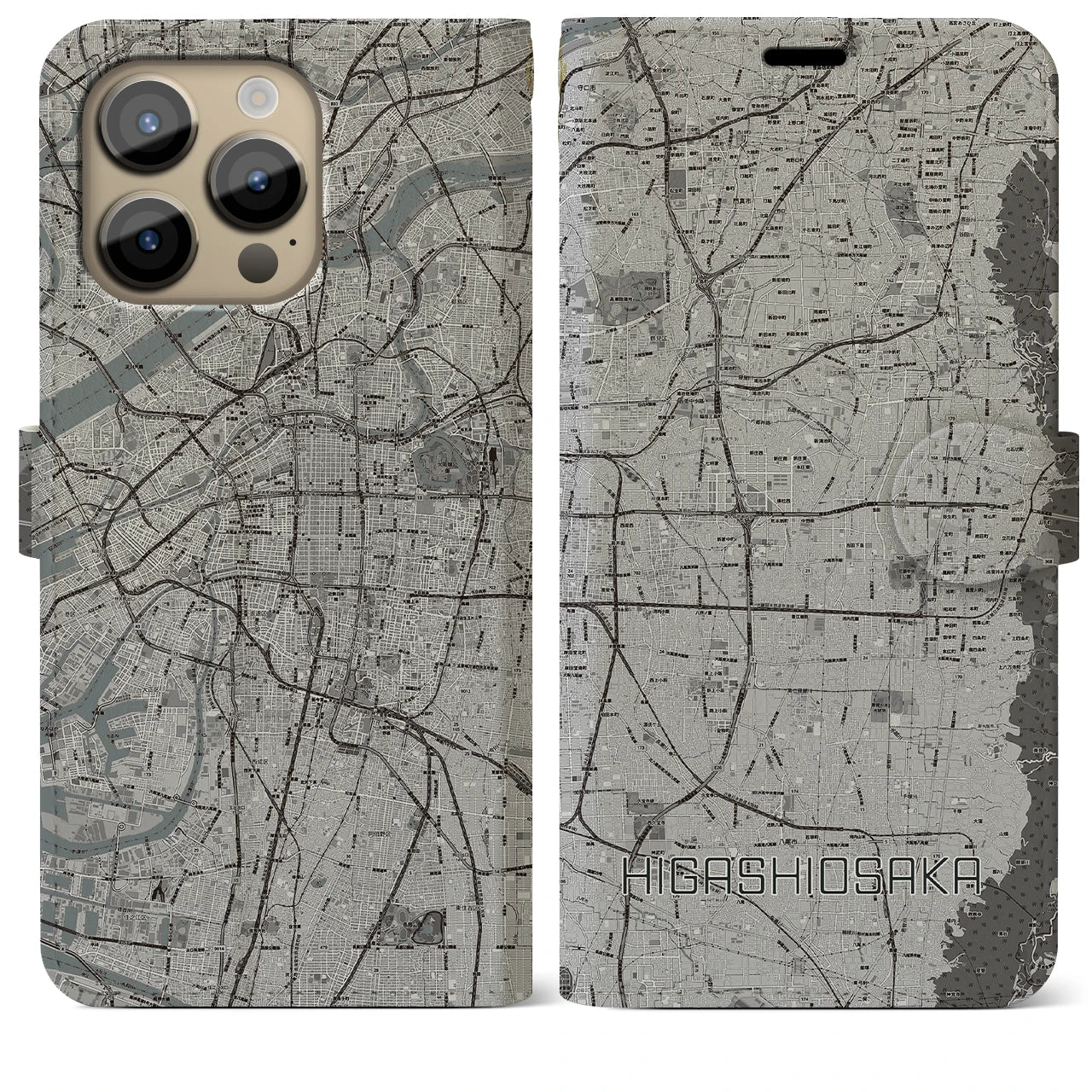 【東大阪(大阪府)】地図柄iPhoneケース(手帳タイプ)モノトーン・iPhone 14 Pro Max 用