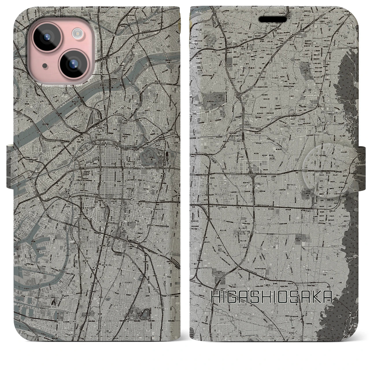 【東大阪(大阪府)】地図柄iPhoneケース(手帳タイプ)モノトーン・iPhone 15 Plus 用