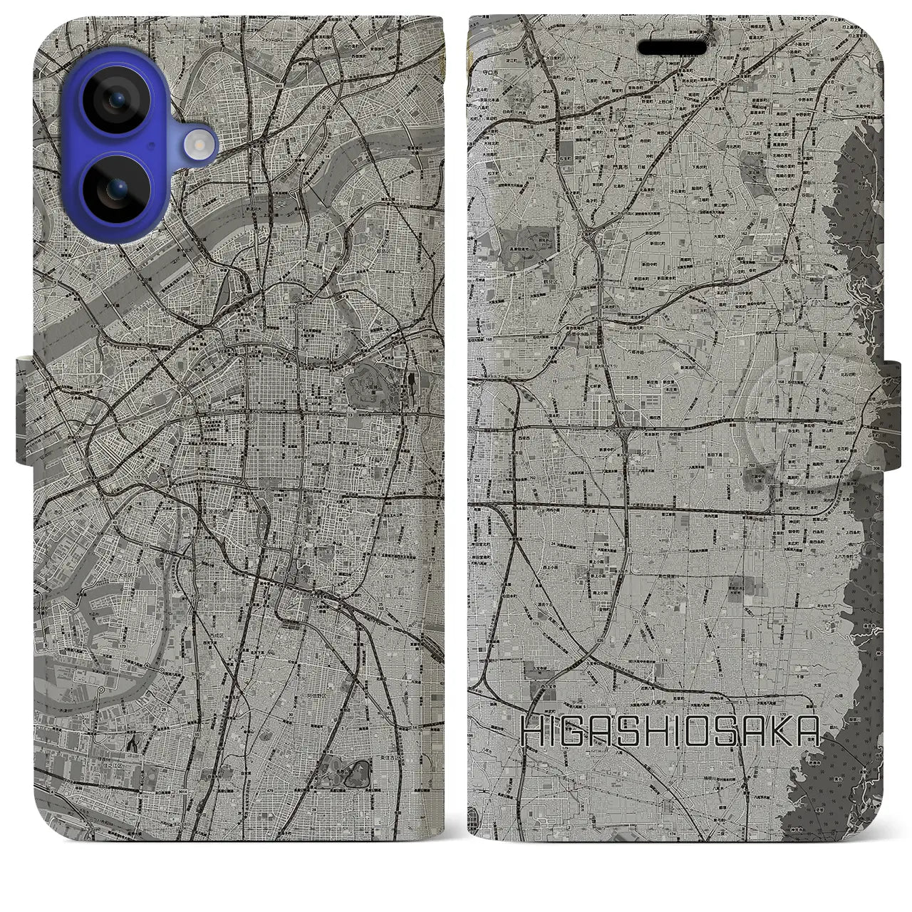 【東大阪(大阪府)】地図柄iPhoneケース(手帳タイプ)モノトーン・iPhone 16 Pro Max 用