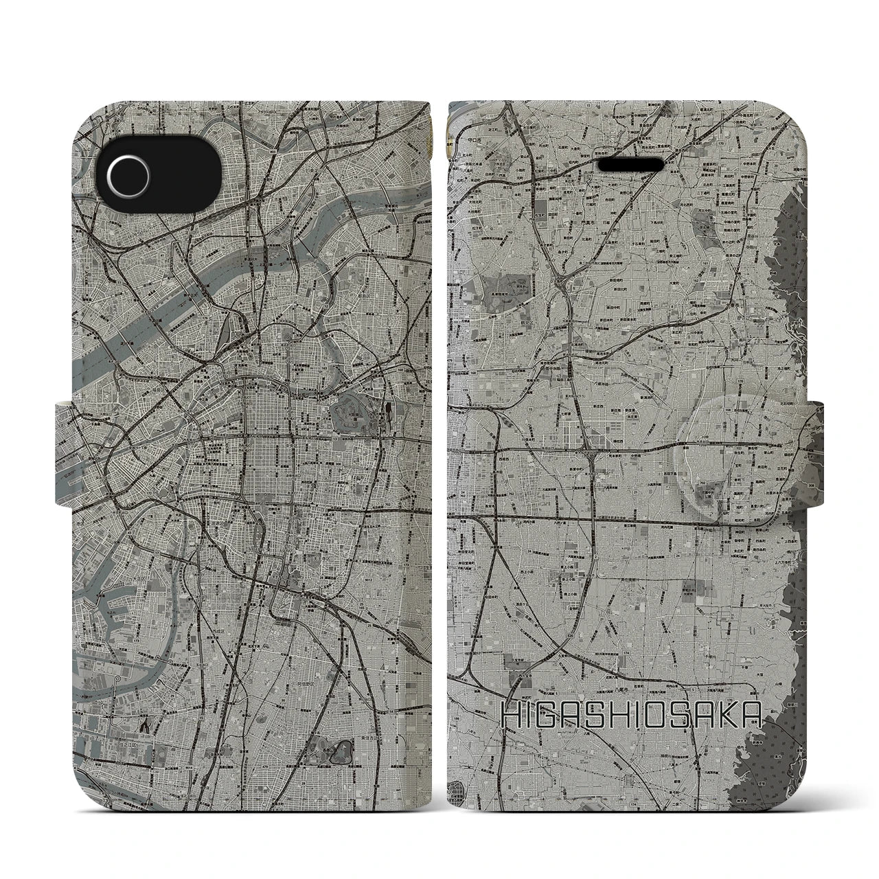 【東大阪(大阪府)】地図柄iPhoneケース(手帳タイプ)モノトーン・iPhone SE(第3 / 第2世代) / 8 / 7 / 6s / 6 用