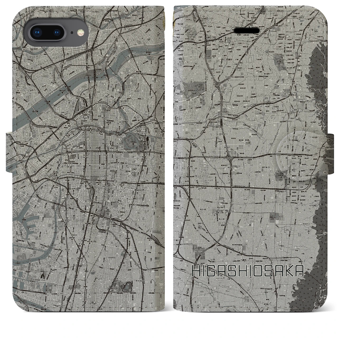 【東大阪(大阪府)】地図柄iPhoneケース(手帳タイプ)モノトーン・iPhone 8Plus /7Plus / 6sPlus / 6Plus 用