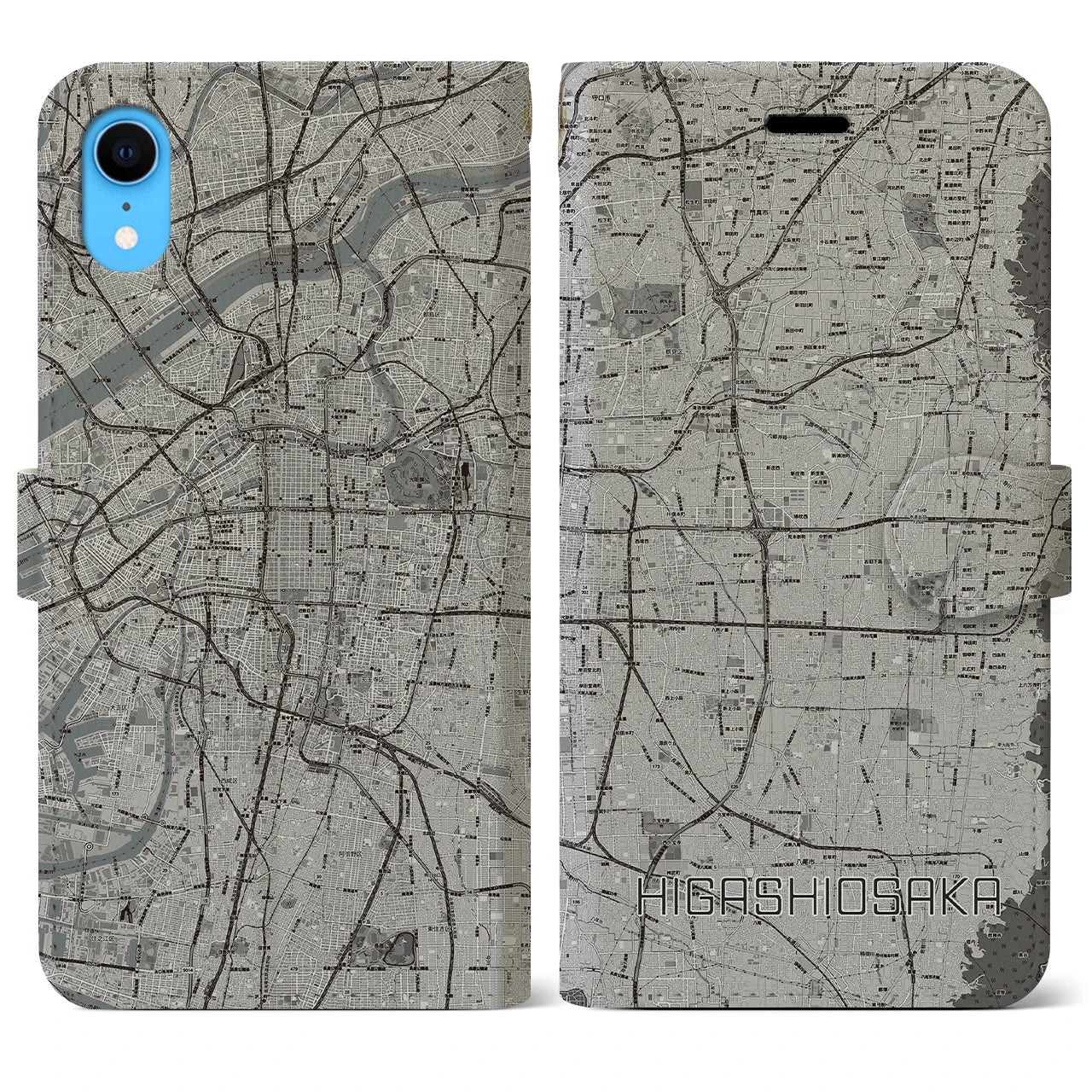 【東大阪(大阪府)】地図柄iPhoneケース(手帳タイプ)モノトーン・iPhone XR 用