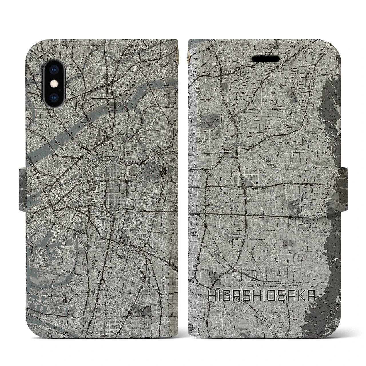 【東大阪(大阪府)】地図柄iPhoneケース(手帳タイプ)モノトーン・iPhone XS / X 用