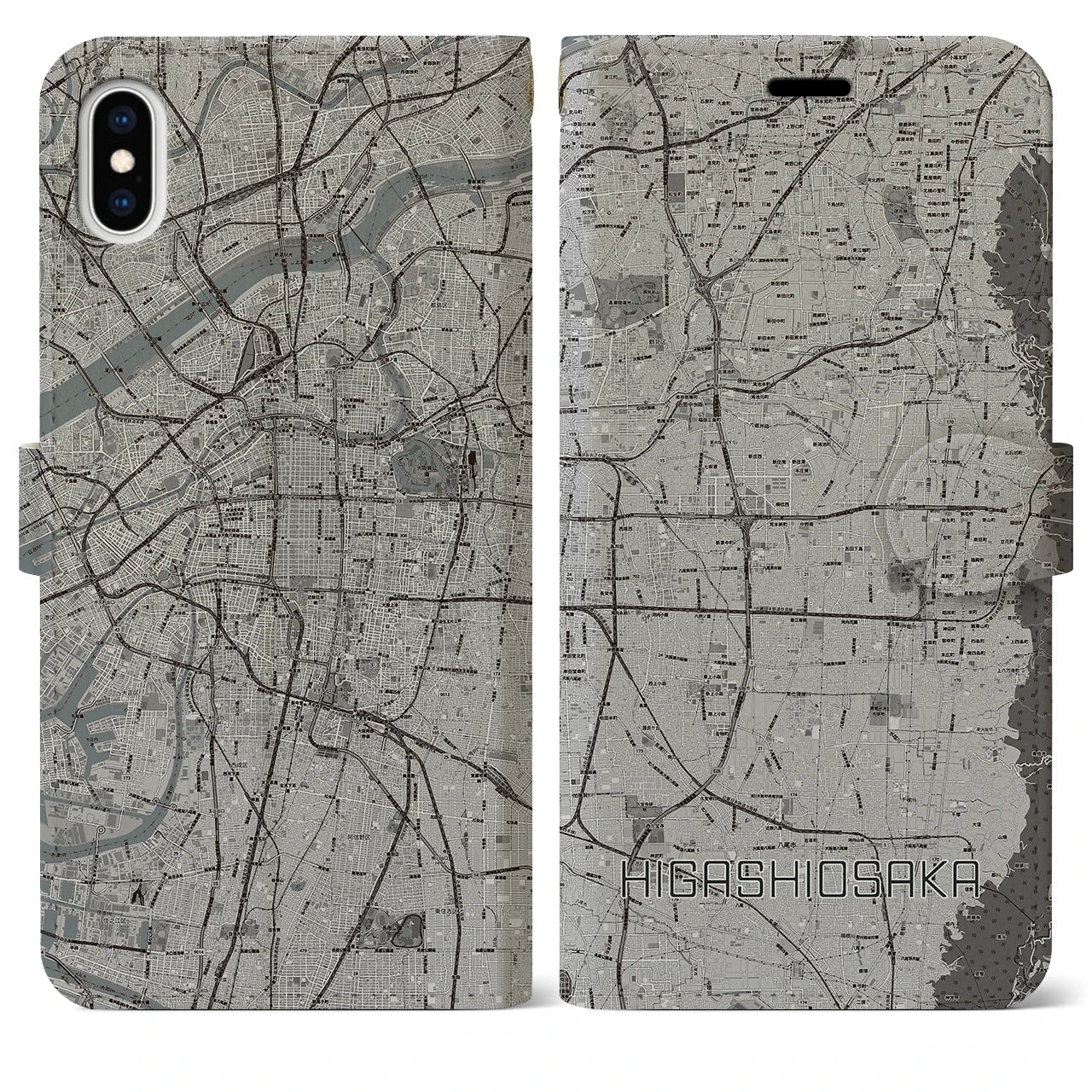 【東大阪(大阪府)】地図柄iPhoneケース(手帳タイプ)モノトーン・iPhone XS Max 用