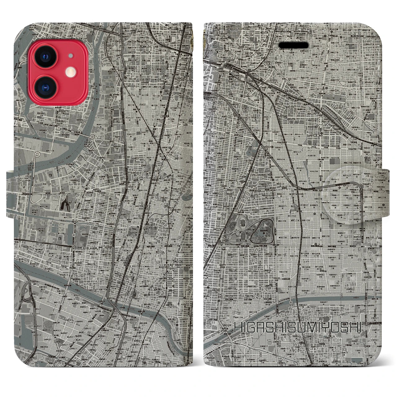 【東住吉(大阪府)】地図柄iPhoneケース(手帳タイプ)モノトーン・iPhone 11 用