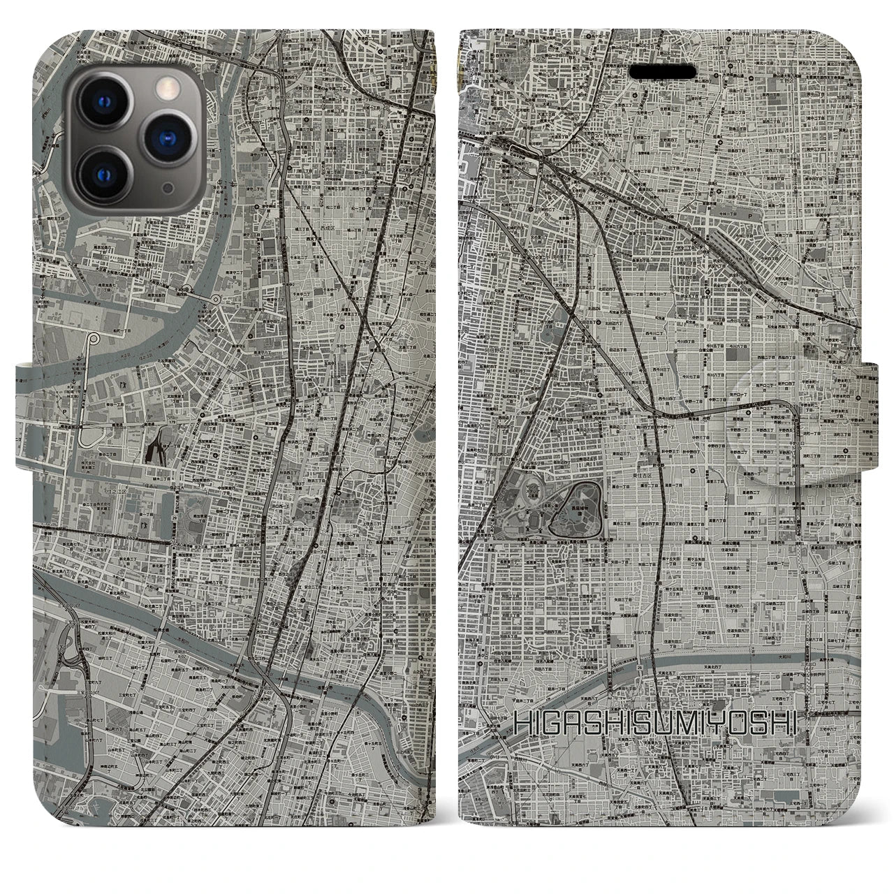 【東住吉(大阪府)】地図柄iPhoneケース(手帳タイプ)モノトーン・iPhone 11 Pro Max 用