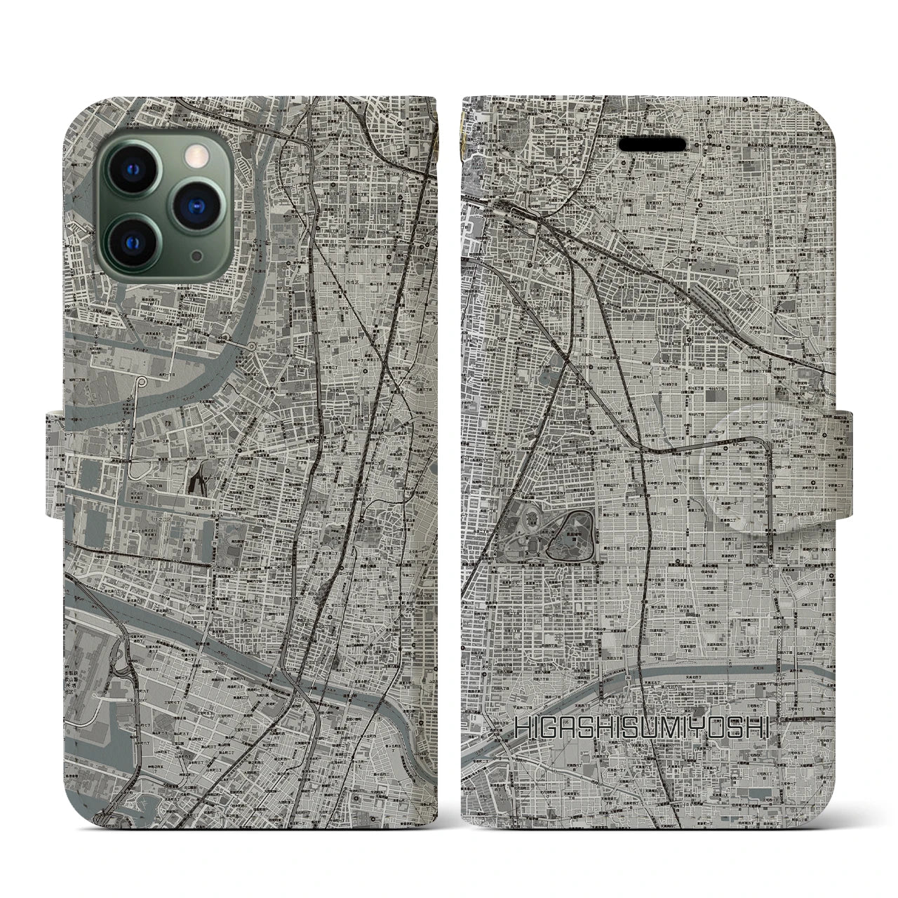 【東住吉(大阪府)】地図柄iPhoneケース(手帳タイプ)モノトーン・iPhone 11 Pro 用