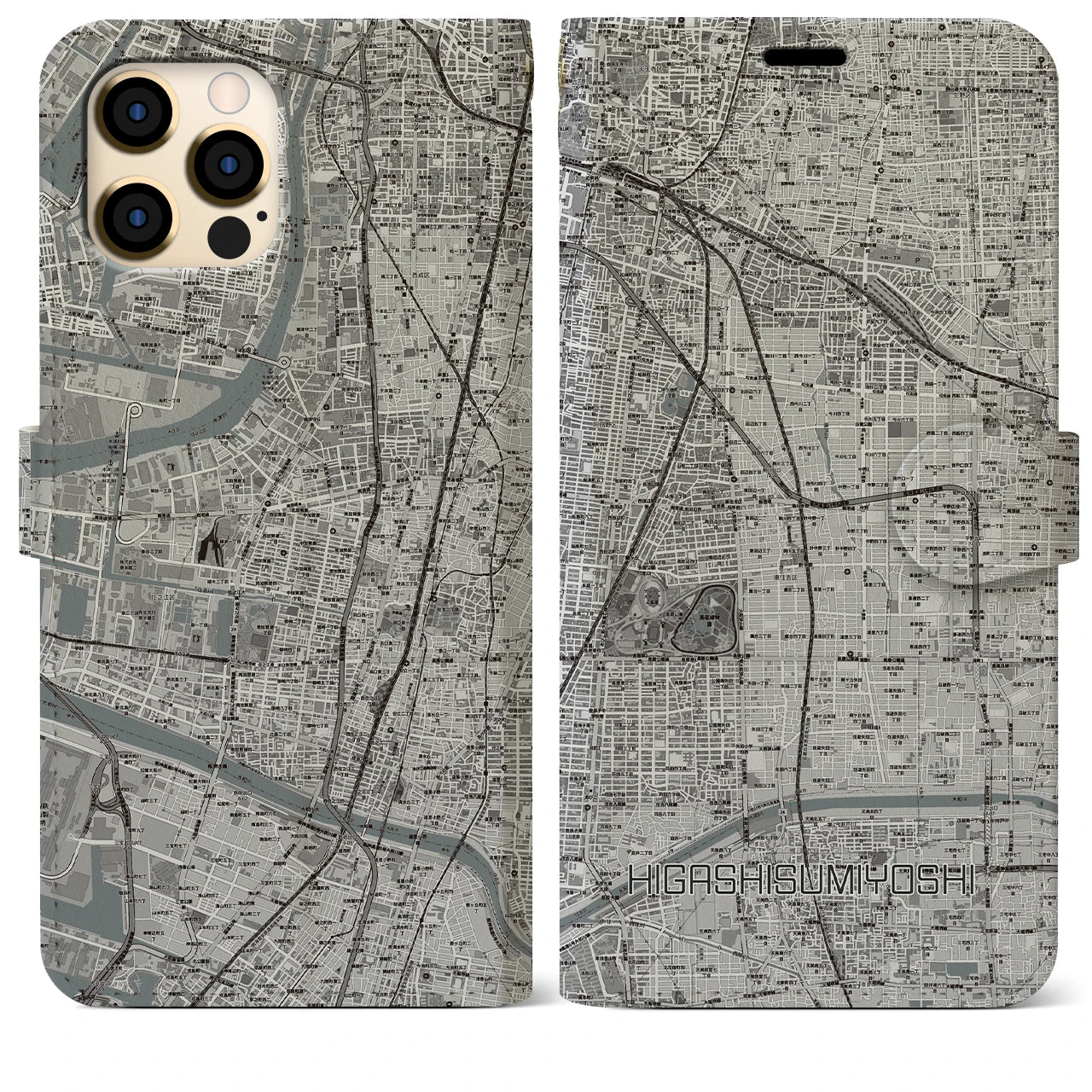 【東住吉(大阪府)】地図柄iPhoneケース(手帳タイプ)モノトーン・iPhone 12 Pro Max 用