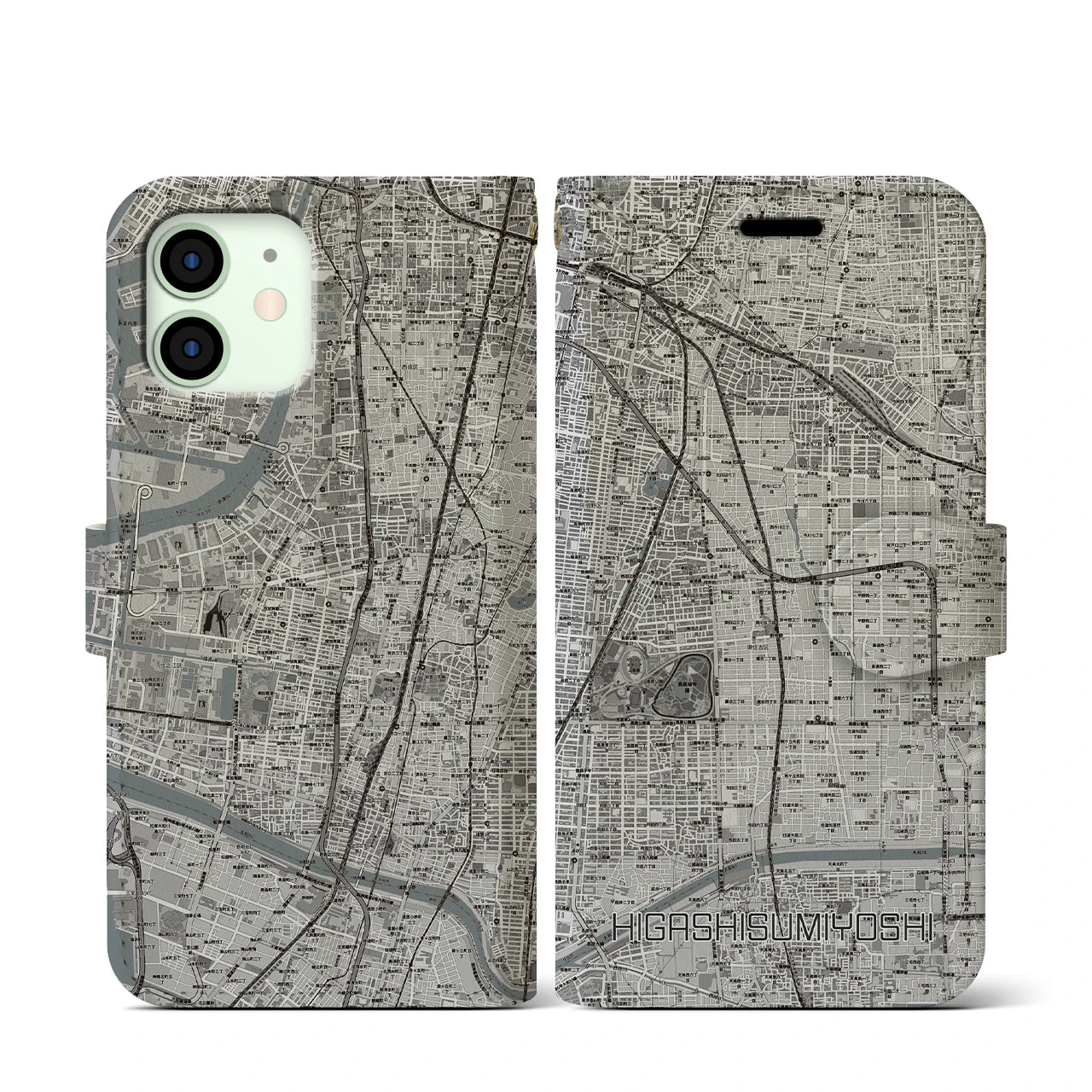 【東住吉(大阪府)】地図柄iPhoneケース(手帳タイプ)モノトーン・iPhone 12 mini 用