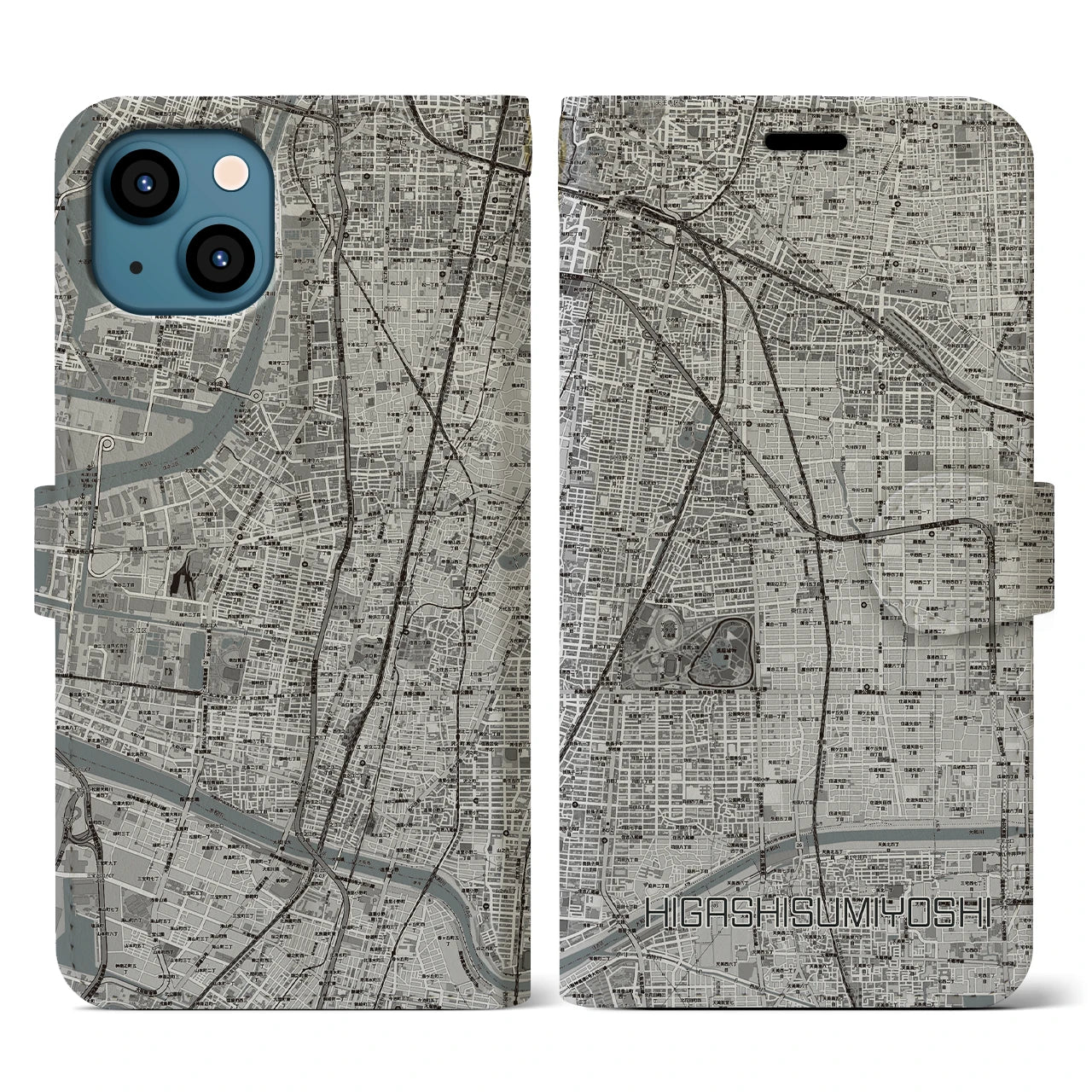 【東住吉(大阪府)】地図柄iPhoneケース(手帳タイプ)モノトーン・iPhone 13 用