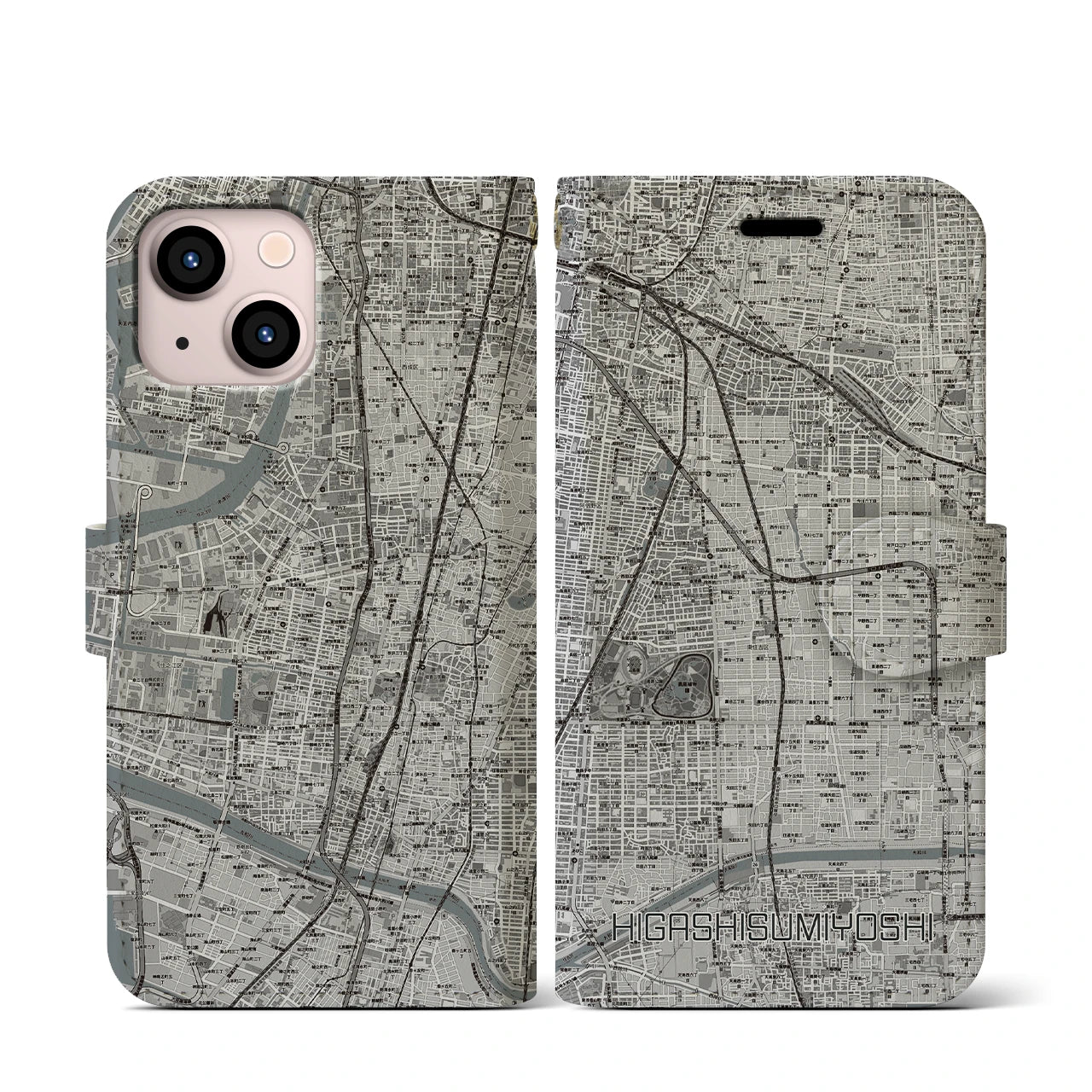 【東住吉(大阪府)】地図柄iPhoneケース(手帳タイプ)モノトーン・iPhone 13 mini 用