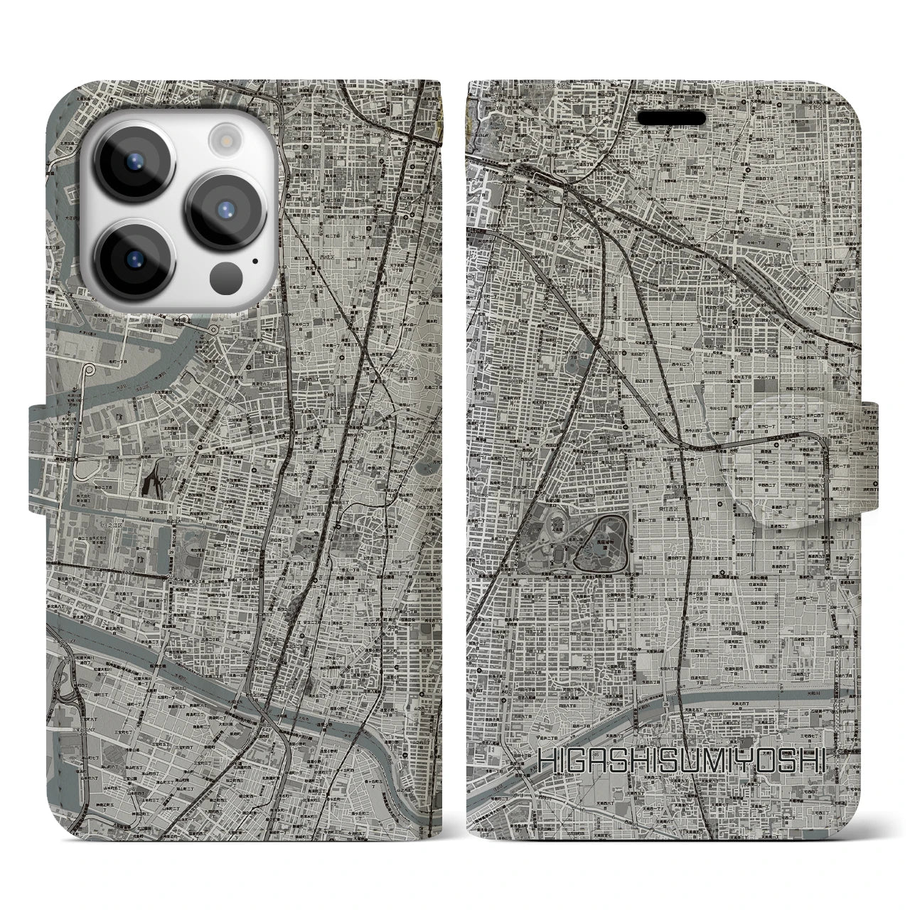 【東住吉(大阪府)】地図柄iPhoneケース(手帳タイプ)モノトーン・iPhone 14 Pro 用