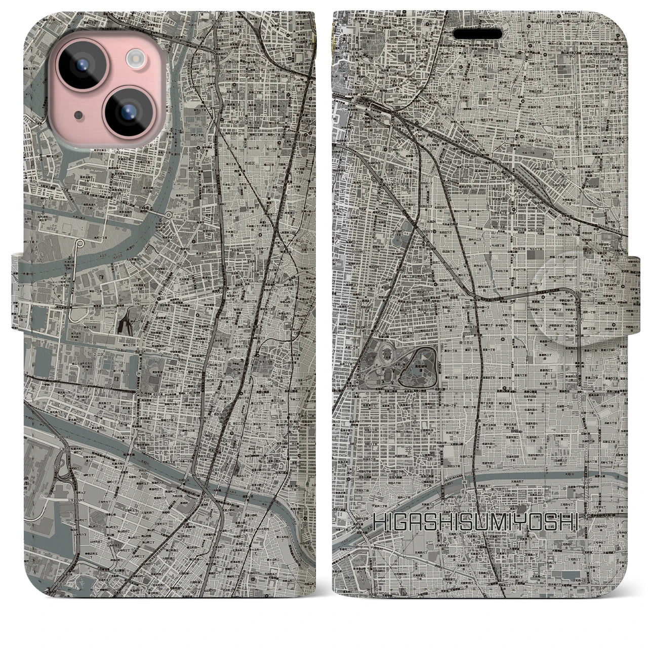 【東住吉(大阪府)】地図柄iPhoneケース(手帳タイプ)モノトーン・iPhone 15 Plus 用