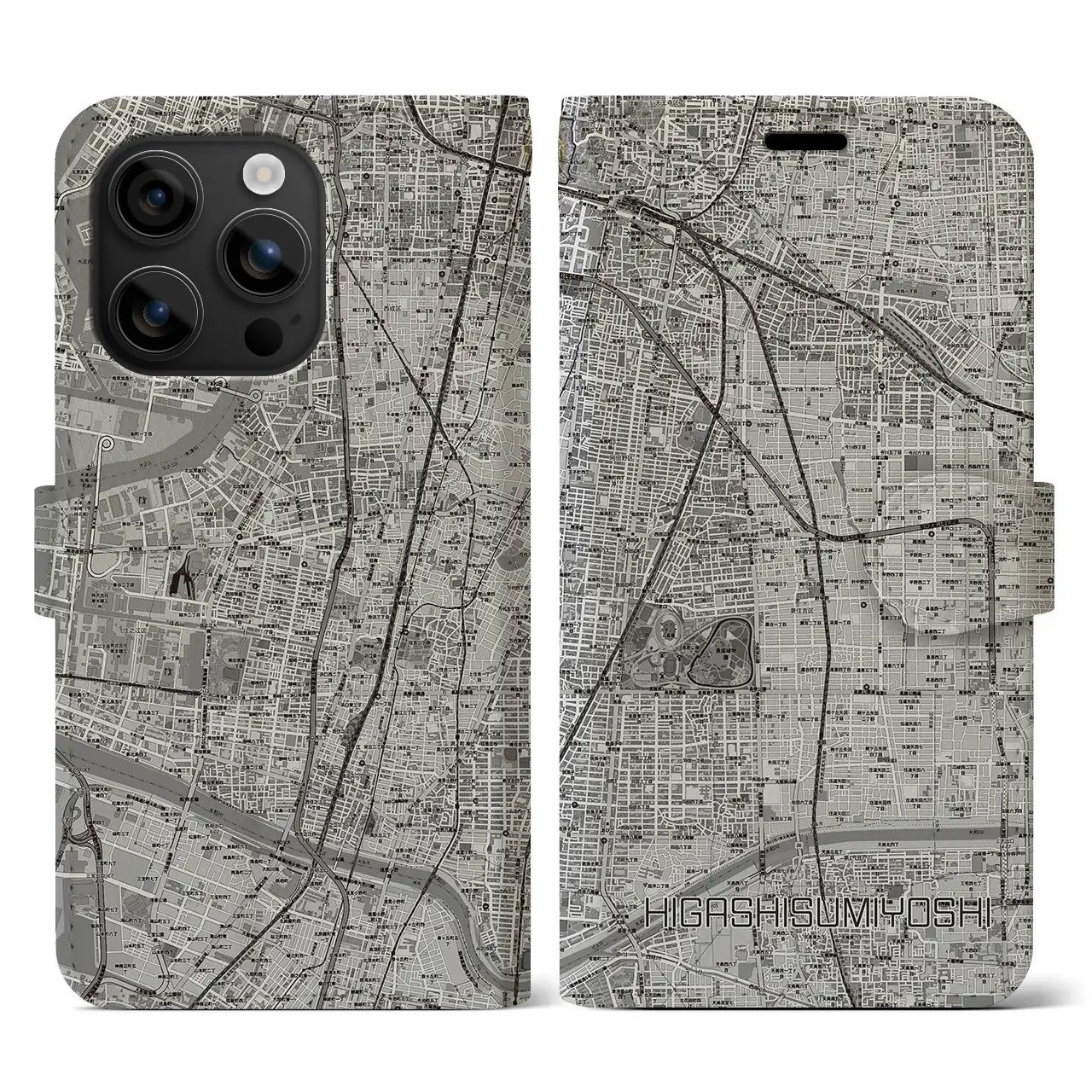 【東住吉(大阪府)】地図柄iPhoneケース(手帳タイプ)モノトーン・iPhone 16 用