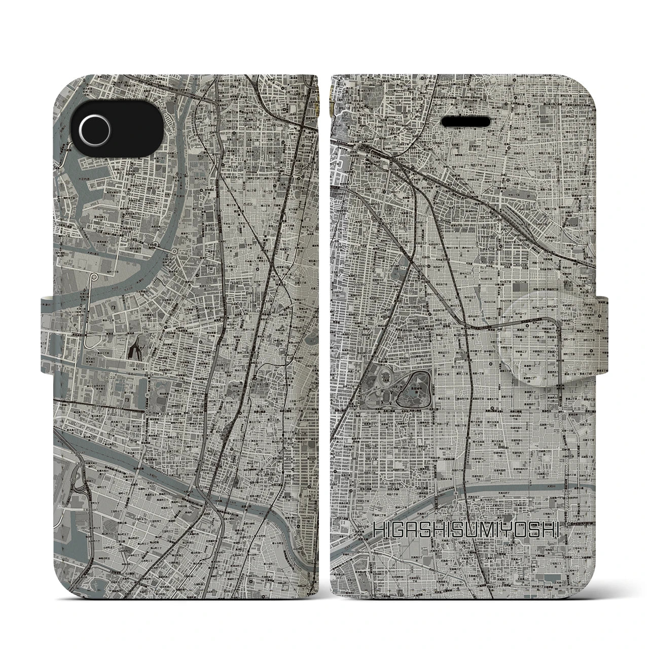 【東住吉(大阪府)】地図柄iPhoneケース(手帳タイプ)モノトーン・iPhone SE(第3 / 第2世代) / 8 / 7 / 6s / 6 用