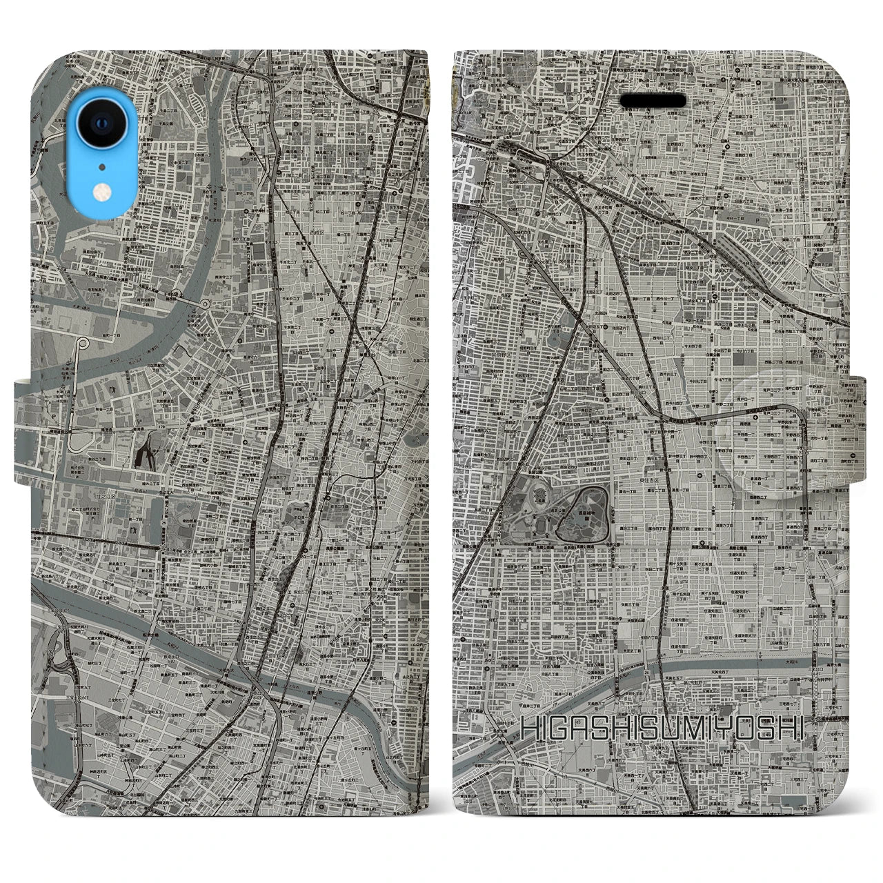 【東住吉(大阪府)】地図柄iPhoneケース(手帳タイプ)モノトーン・iPhone XR 用