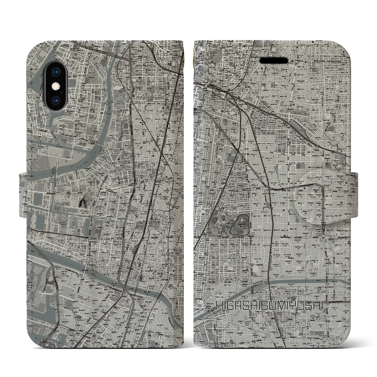 【東住吉(大阪府)】地図柄iPhoneケース(手帳タイプ)モノトーン・iPhone XS / X 用