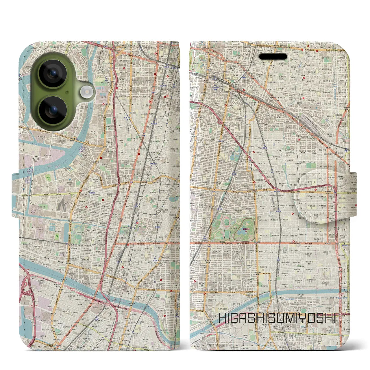 【東住吉(大阪府)】地図柄iPhoneケース(手帳タイプ)モノトーン・iPhone 17 Pro Max 用