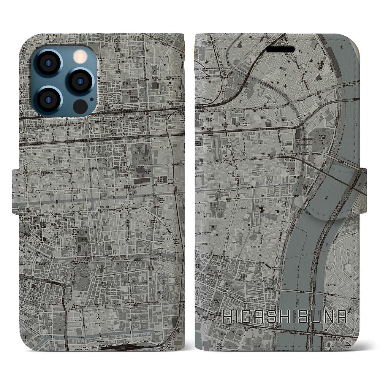 【東砂(東京都)】地図柄iPhoneケース(手帳タイプ)モノトーン・iPhone 12 / 12 Pro 用