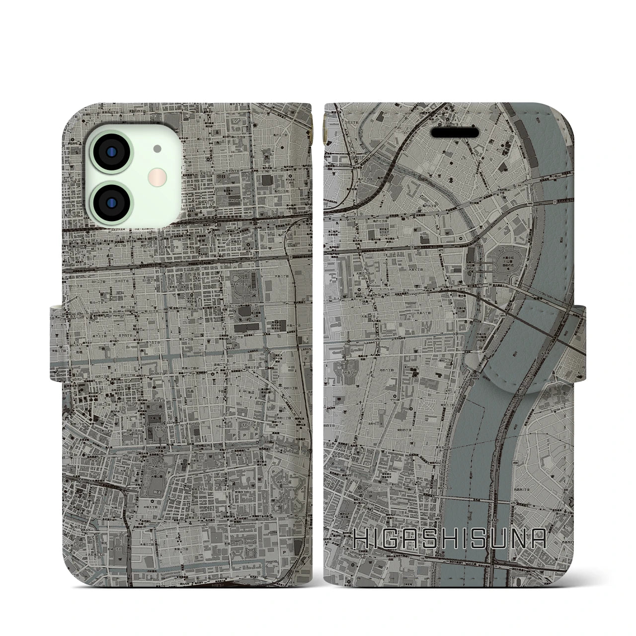 【東砂(東京都)】地図柄iPhoneケース(手帳タイプ)モノトーン・iPhone 12 mini 用