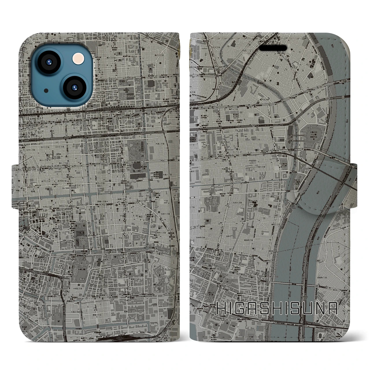 【東砂(東京都)】地図柄iPhoneケース(手帳タイプ)モノトーン・iPhone 13 用