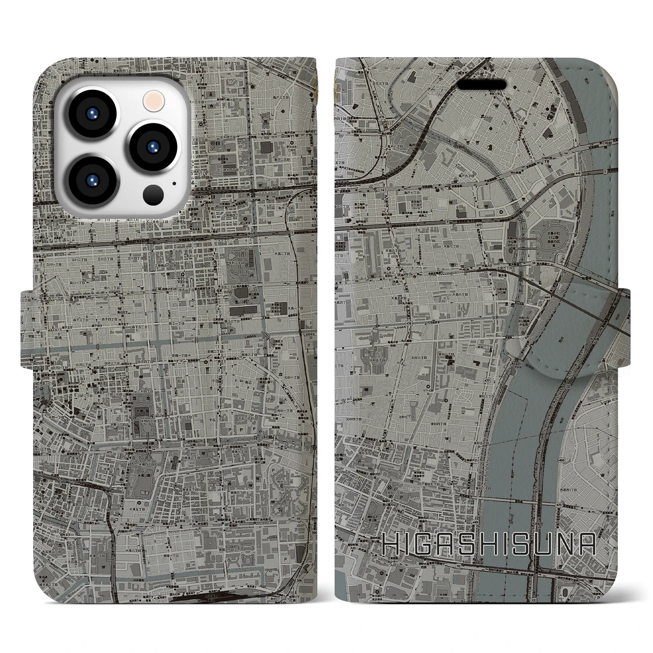 【東砂(東京都)】地図柄iPhoneケース(手帳タイプ)モノトーン・iPhone 13 Pro 用