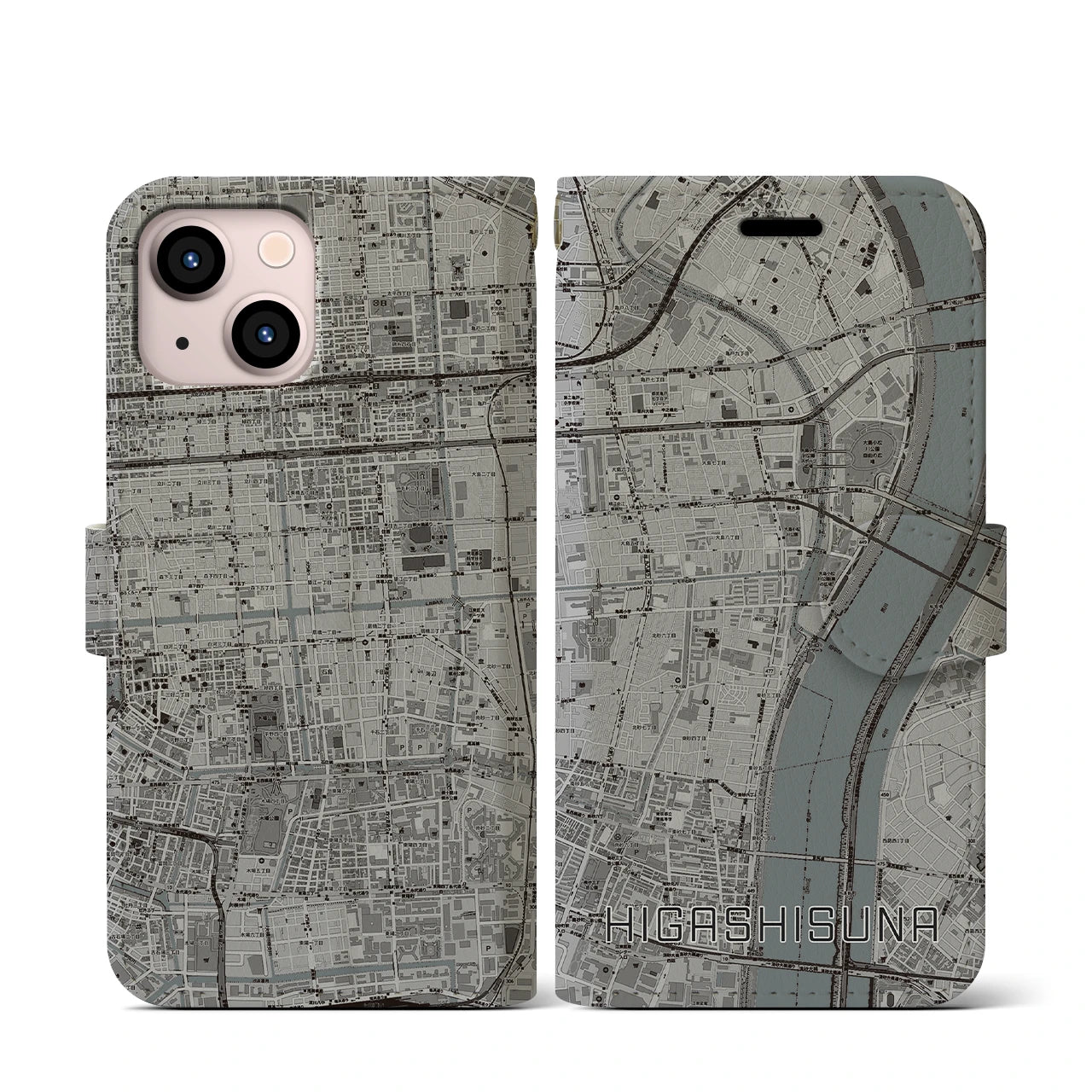 【東砂(東京都)】地図柄iPhoneケース(手帳タイプ)モノトーン・iPhone 13 mini 用