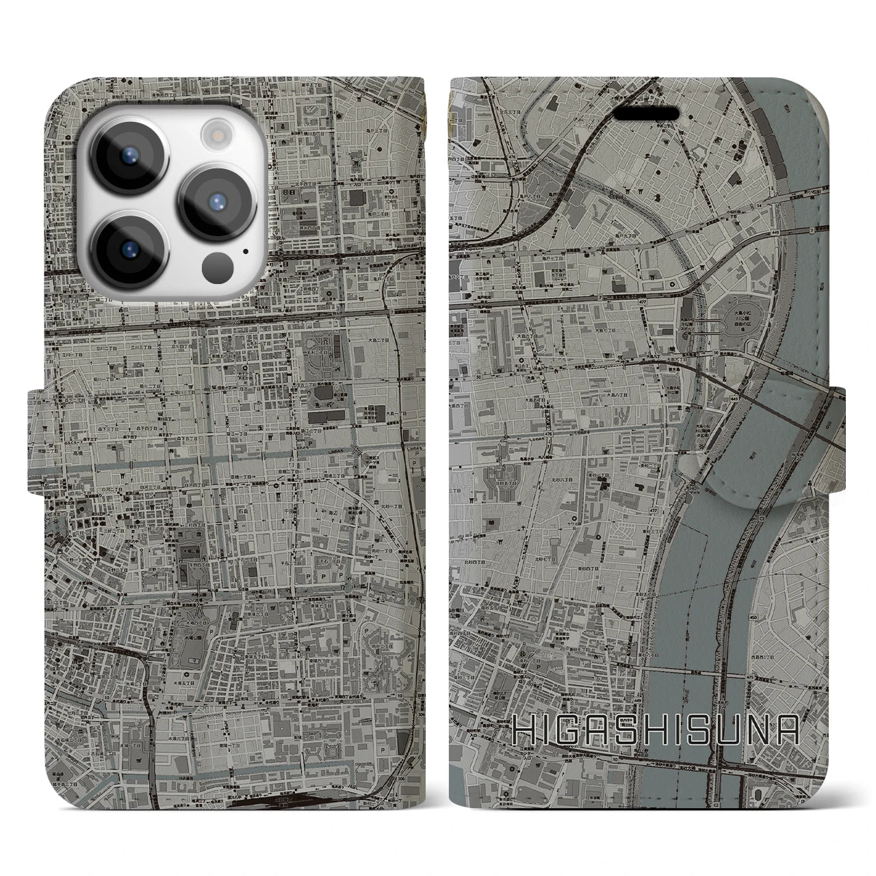 【東砂(東京都)】地図柄iPhoneケース(手帳タイプ)モノトーン・iPhone 14 Pro 用