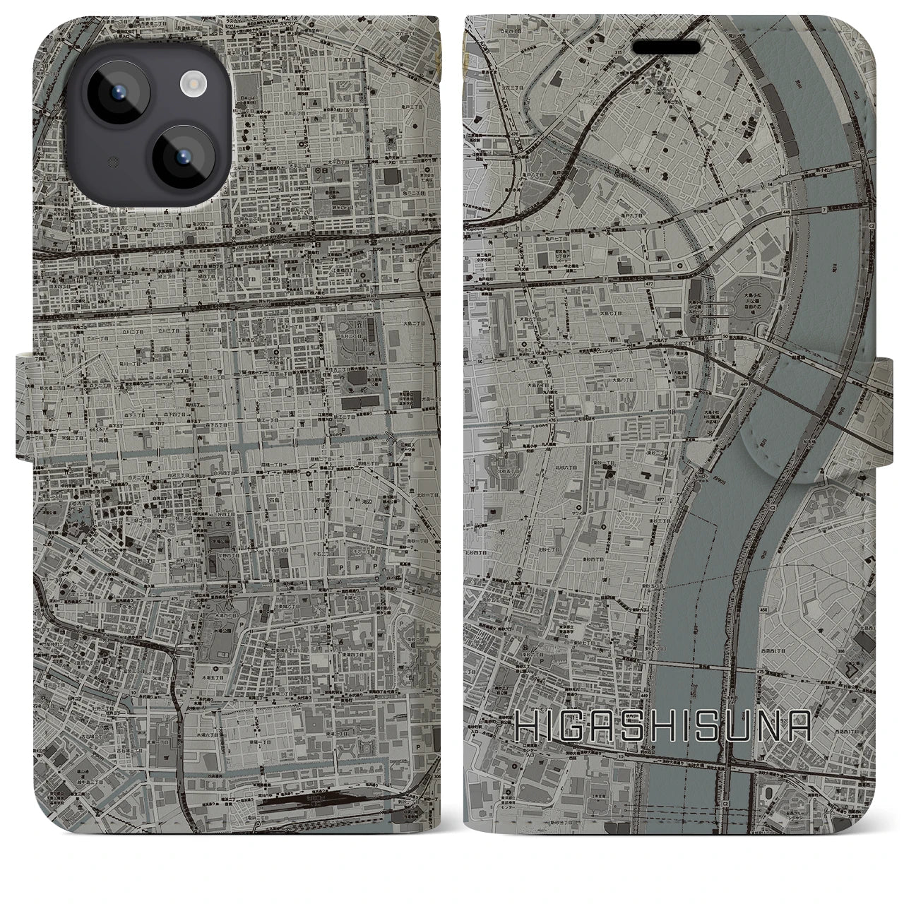 【東砂(東京都)】地図柄iPhoneケース(手帳タイプ)モノトーン・iPhone 14 Plus 用