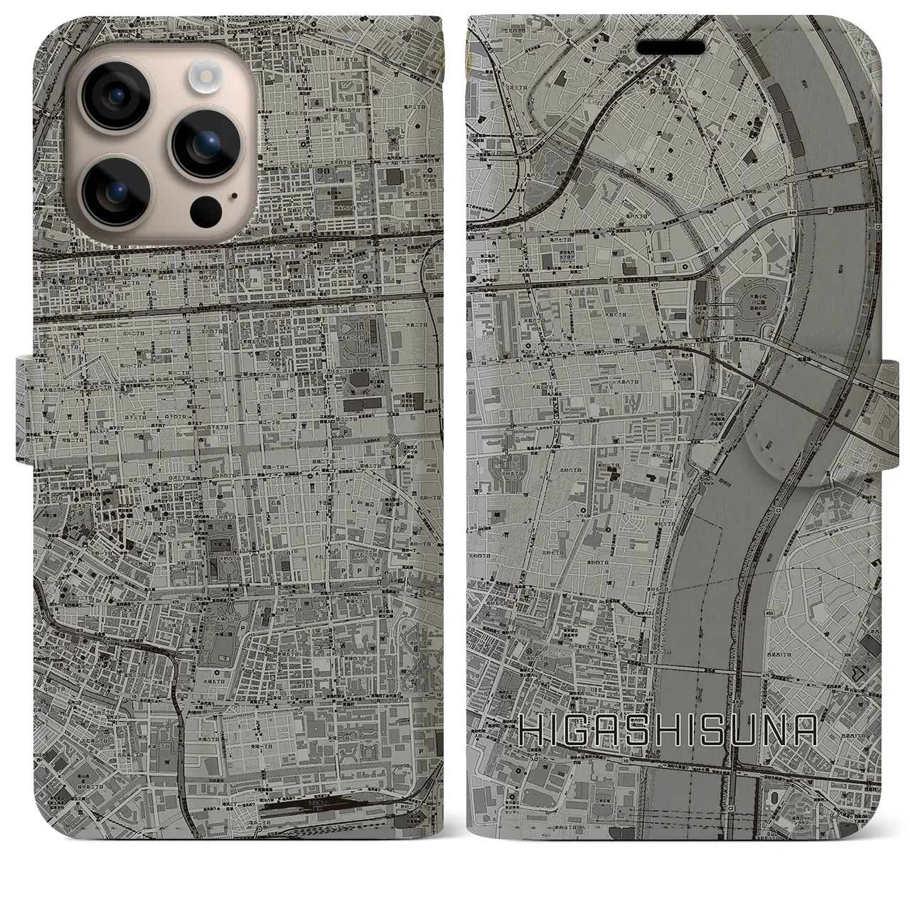 【東砂(東京都)】地図柄iPhoneケース(手帳タイプ)モノトーン・iPhone 16 Plus 用