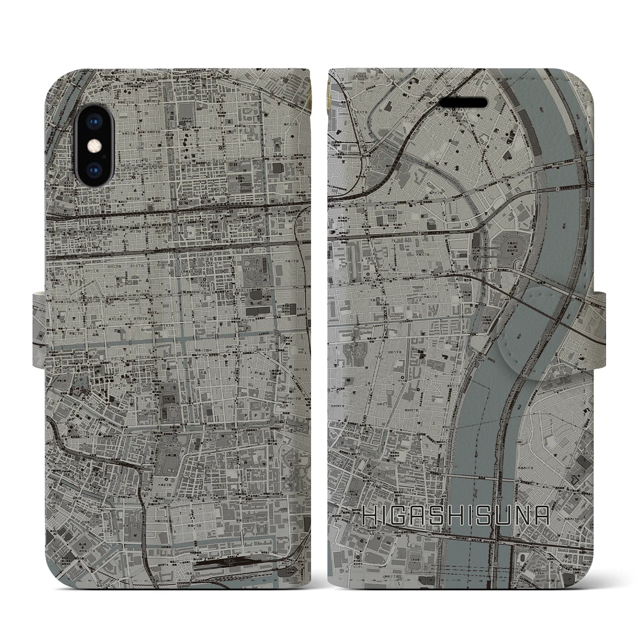 【東砂(東京都)】地図柄iPhoneケース(手帳タイプ)モノトーン・iPhone XS / X 用