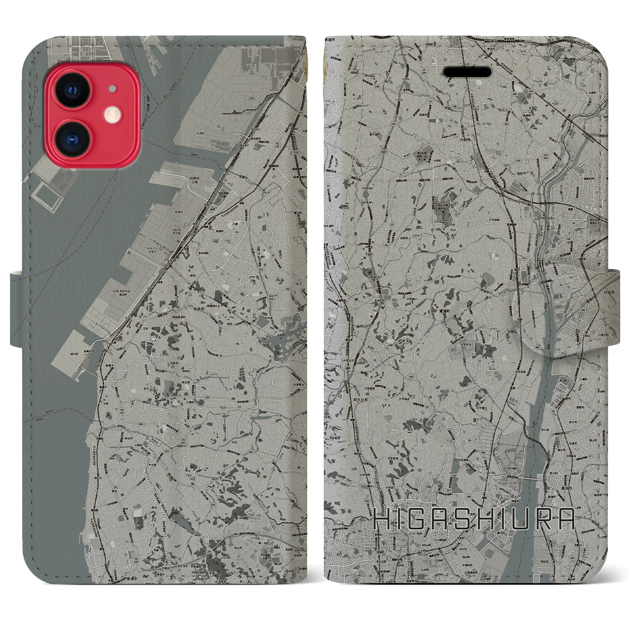 【東浦(愛知県)】地図柄iPhoneケース(手帳タイプ)モノトーン・iPhone 11 用