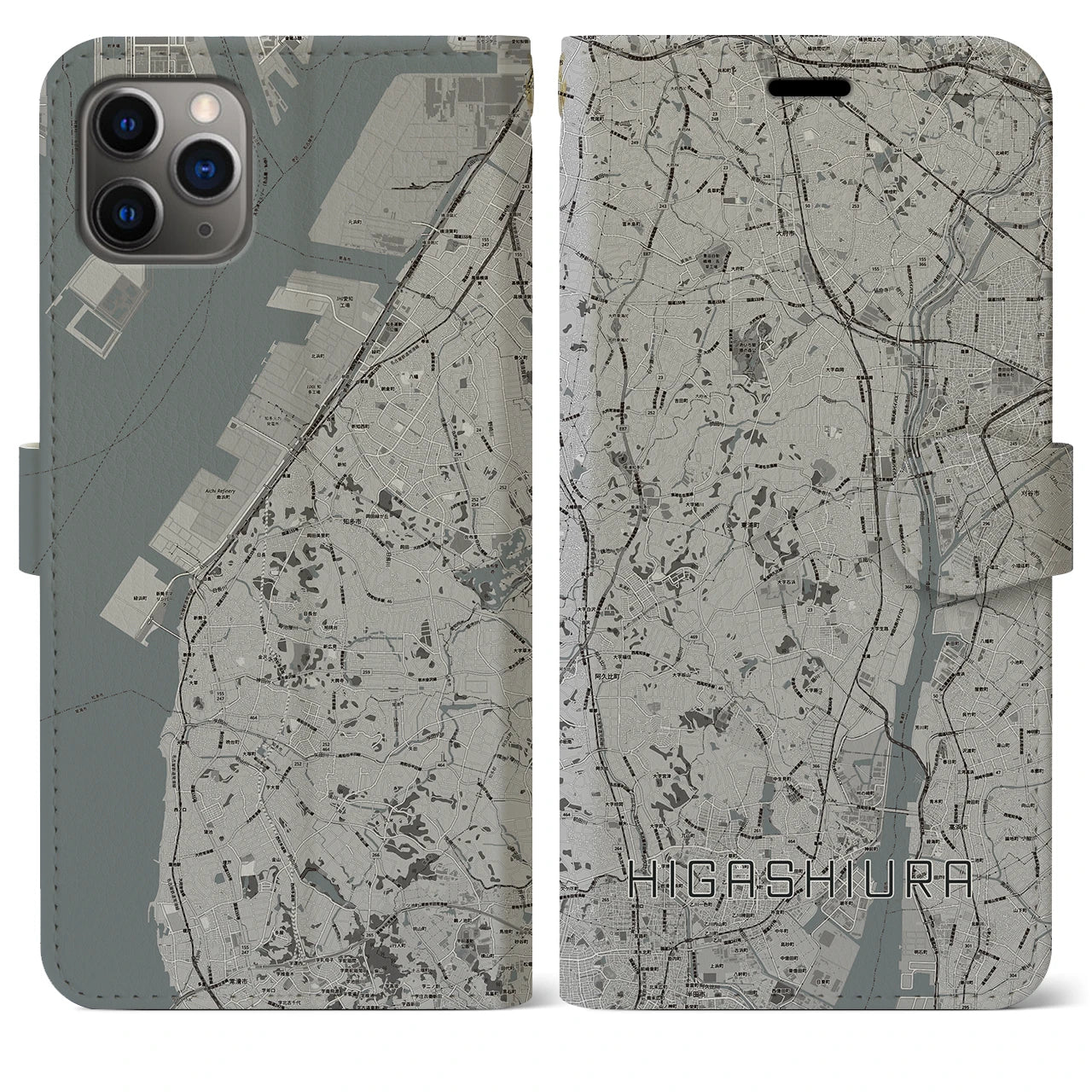 【東浦(愛知県)】地図柄iPhoneケース(手帳タイプ)モノトーン・iPhone 11 Pro Max 用