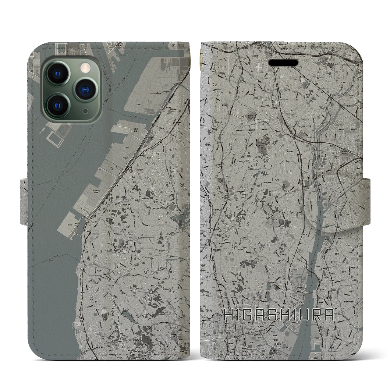 【東浦(愛知県)】地図柄iPhoneケース(手帳タイプ)モノトーン・iPhone 11 Pro 用