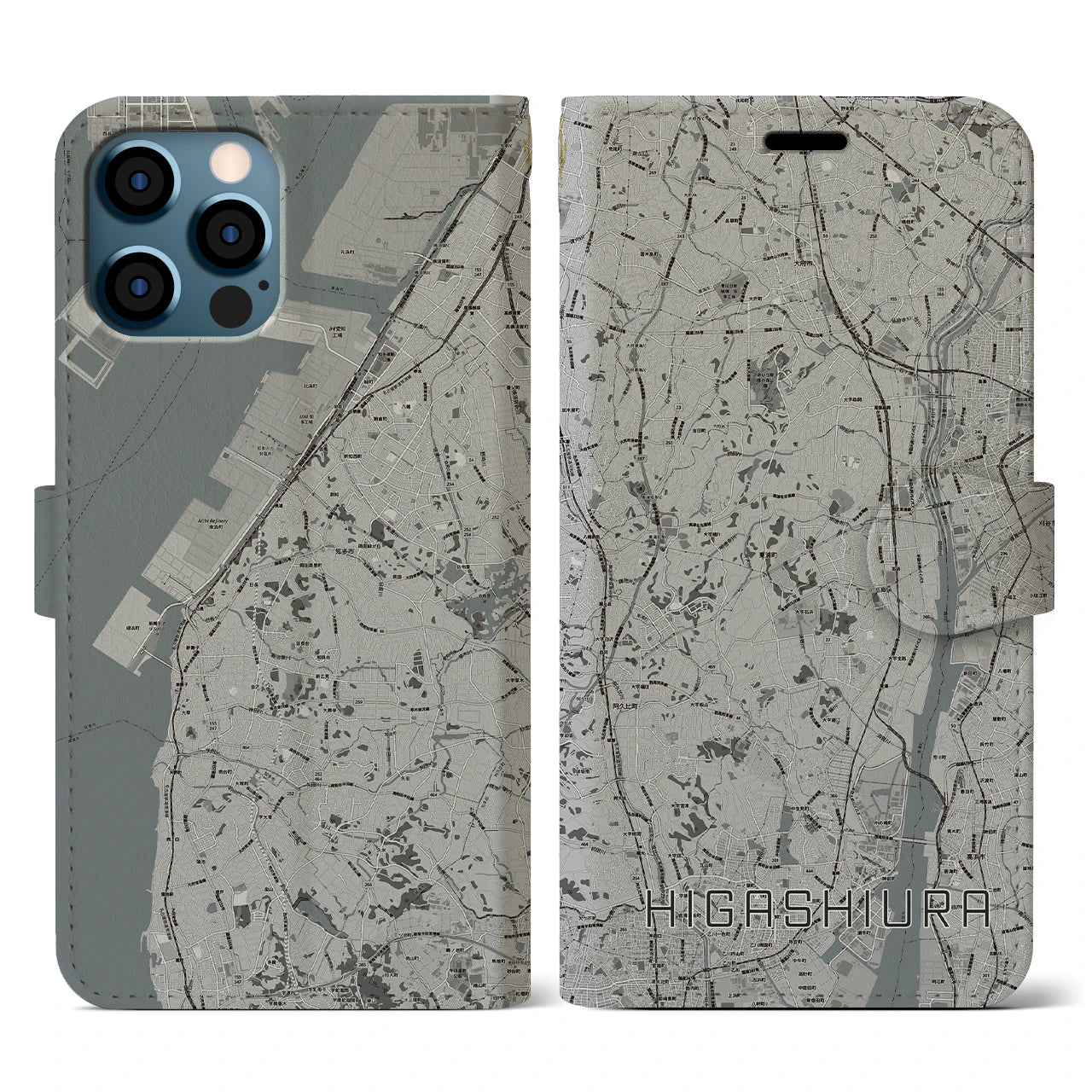 【東浦(愛知県)】地図柄iPhoneケース(手帳タイプ)モノトーン・iPhone 12 / 12 Pro 用