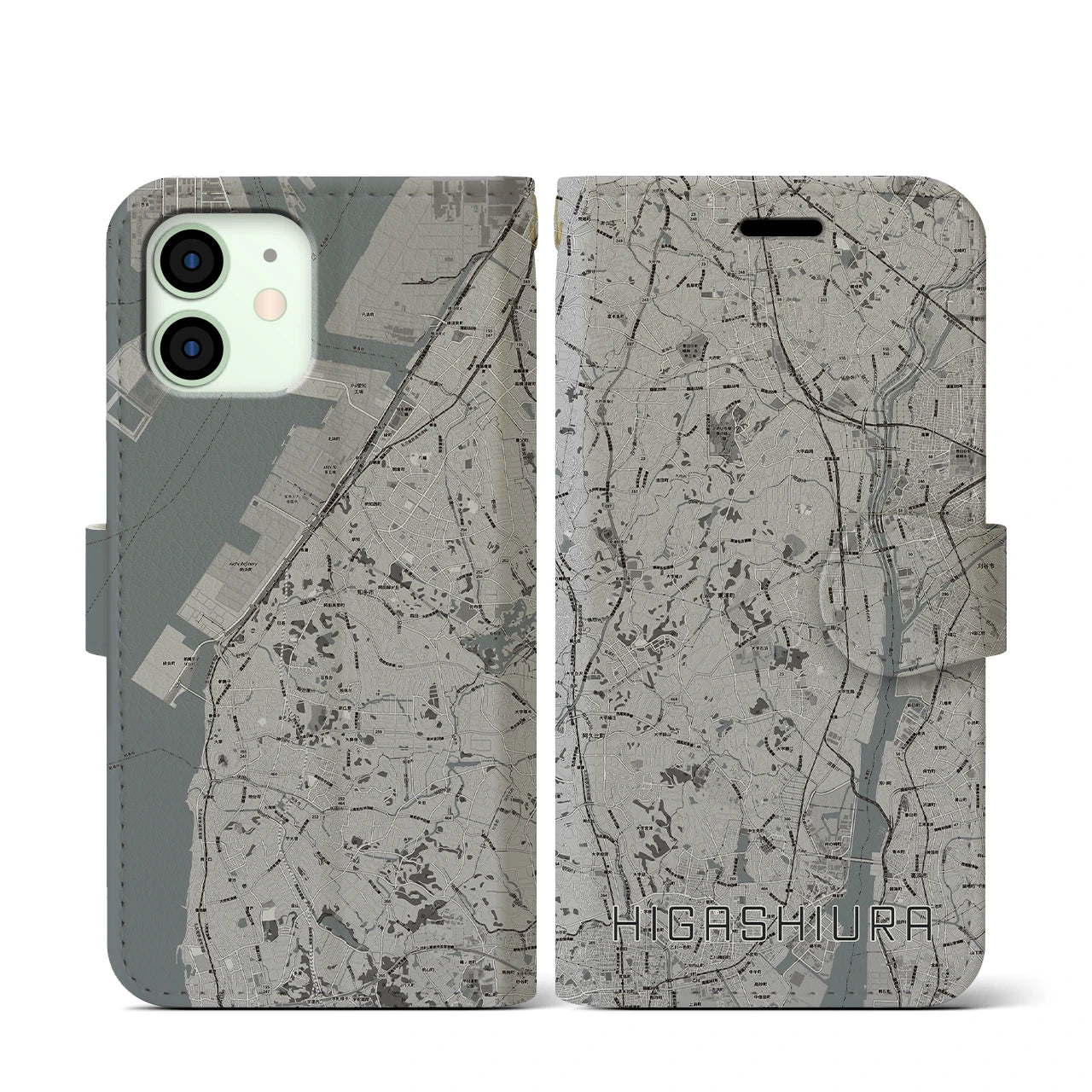 【東浦(愛知県)】地図柄iPhoneケース(手帳タイプ)モノトーン・iPhone 12 mini 用