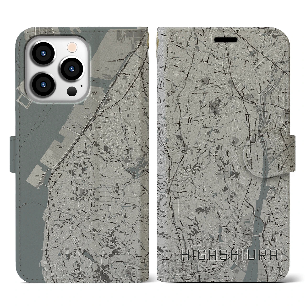 【東浦(愛知県)】地図柄iPhoneケース(手帳タイプ)モノトーン・iPhone 13 Pro 用