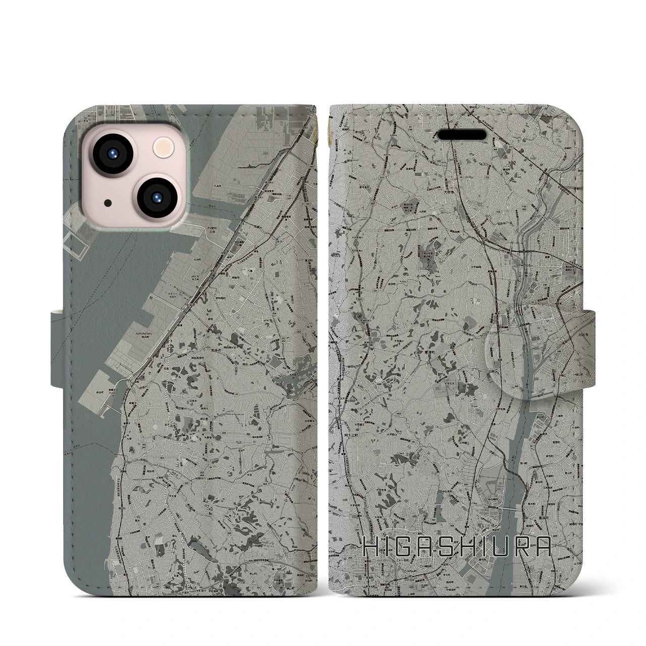 【東浦(愛知県)】地図柄iPhoneケース(手帳タイプ)モノトーン・iPhone 13 mini 用