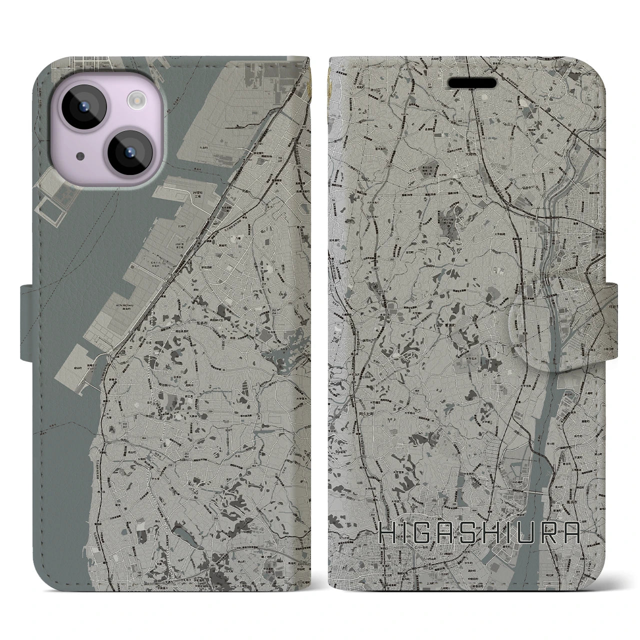 【東浦(愛知県)】地図柄iPhoneケース(手帳タイプ)モノトーン・iPhone 14 用