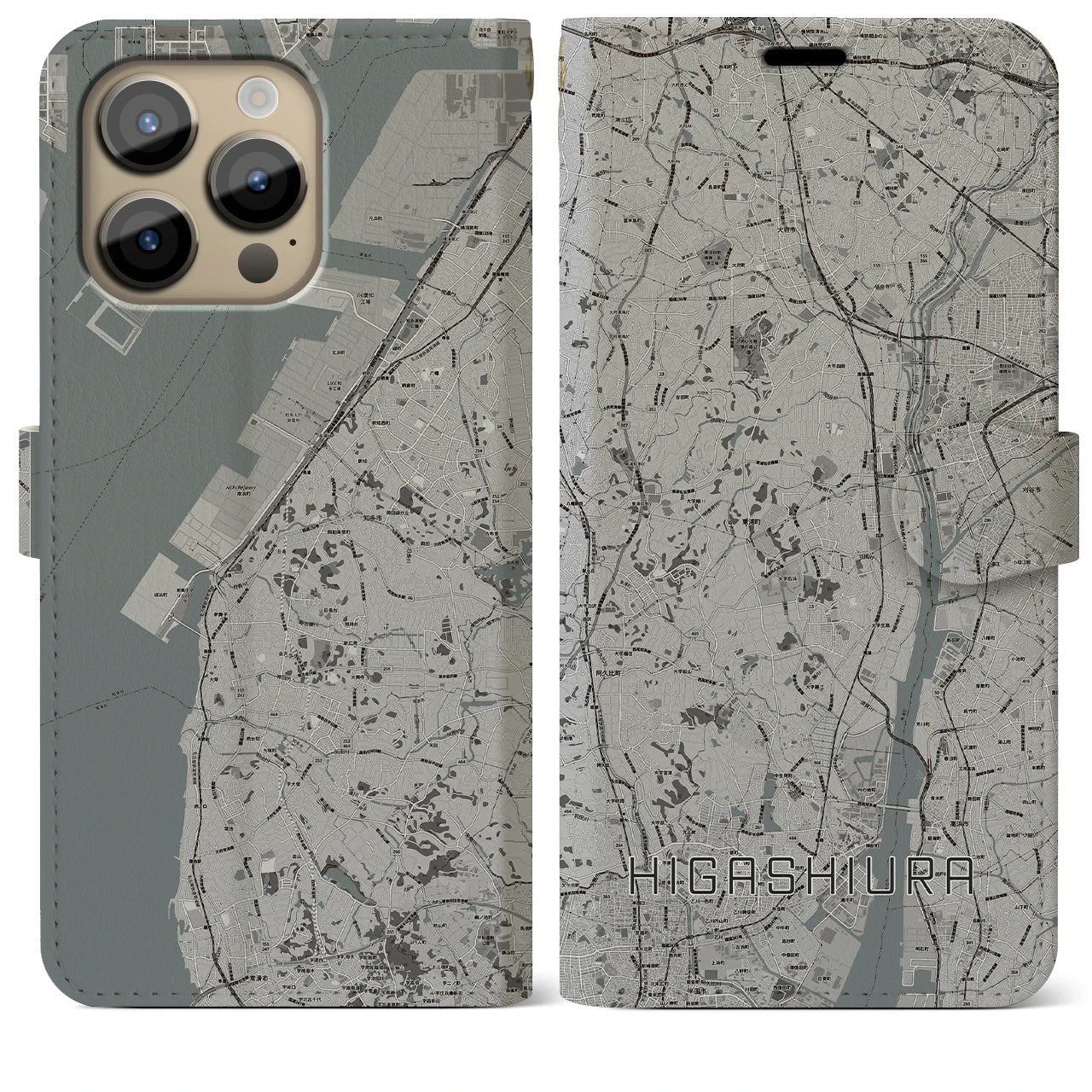 【東浦(愛知県)】地図柄iPhoneケース(手帳タイプ)モノトーン・iPhone 14 Pro Max 用