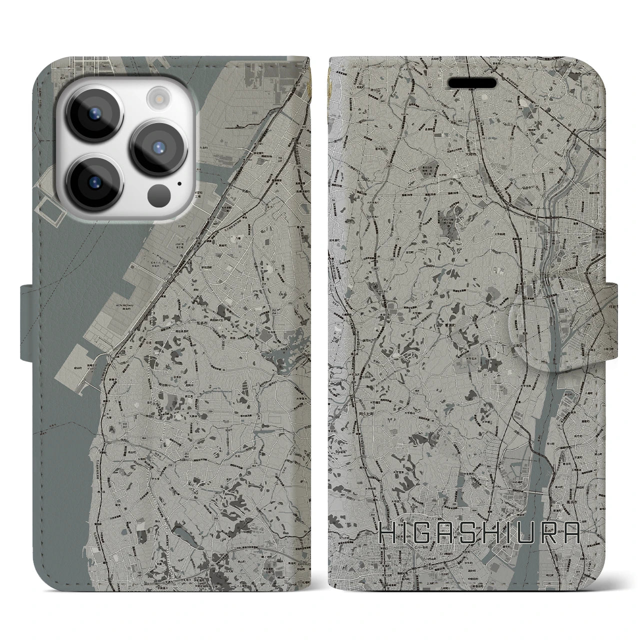 【東浦(愛知県)】地図柄iPhoneケース(手帳タイプ)モノトーン・iPhone 14 Pro 用