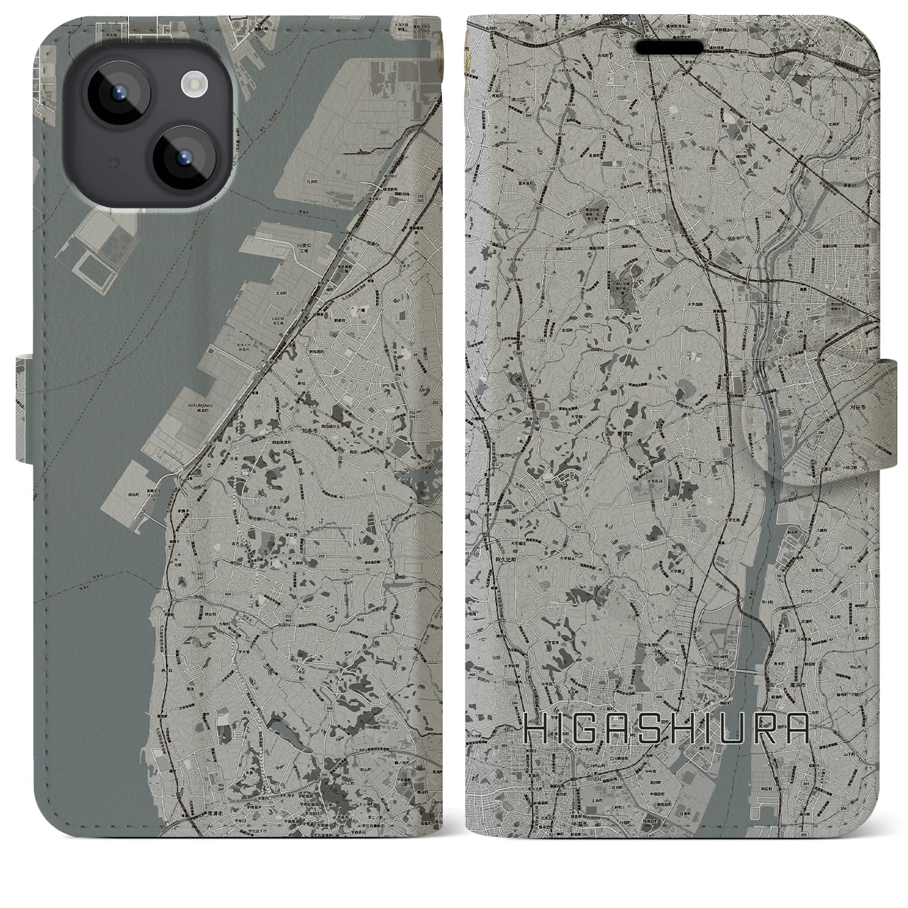 【東浦(愛知県)】地図柄iPhoneケース(手帳タイプ)モノトーン・iPhone 14 Plus 用