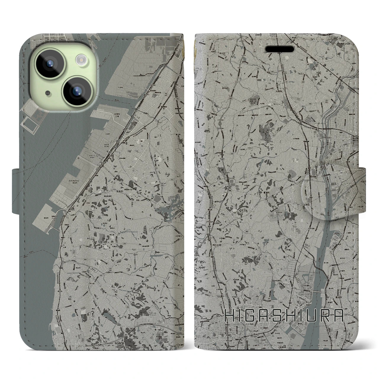 【東浦(愛知県)】地図柄iPhoneケース(手帳タイプ)モノトーン・iPhone 15 用