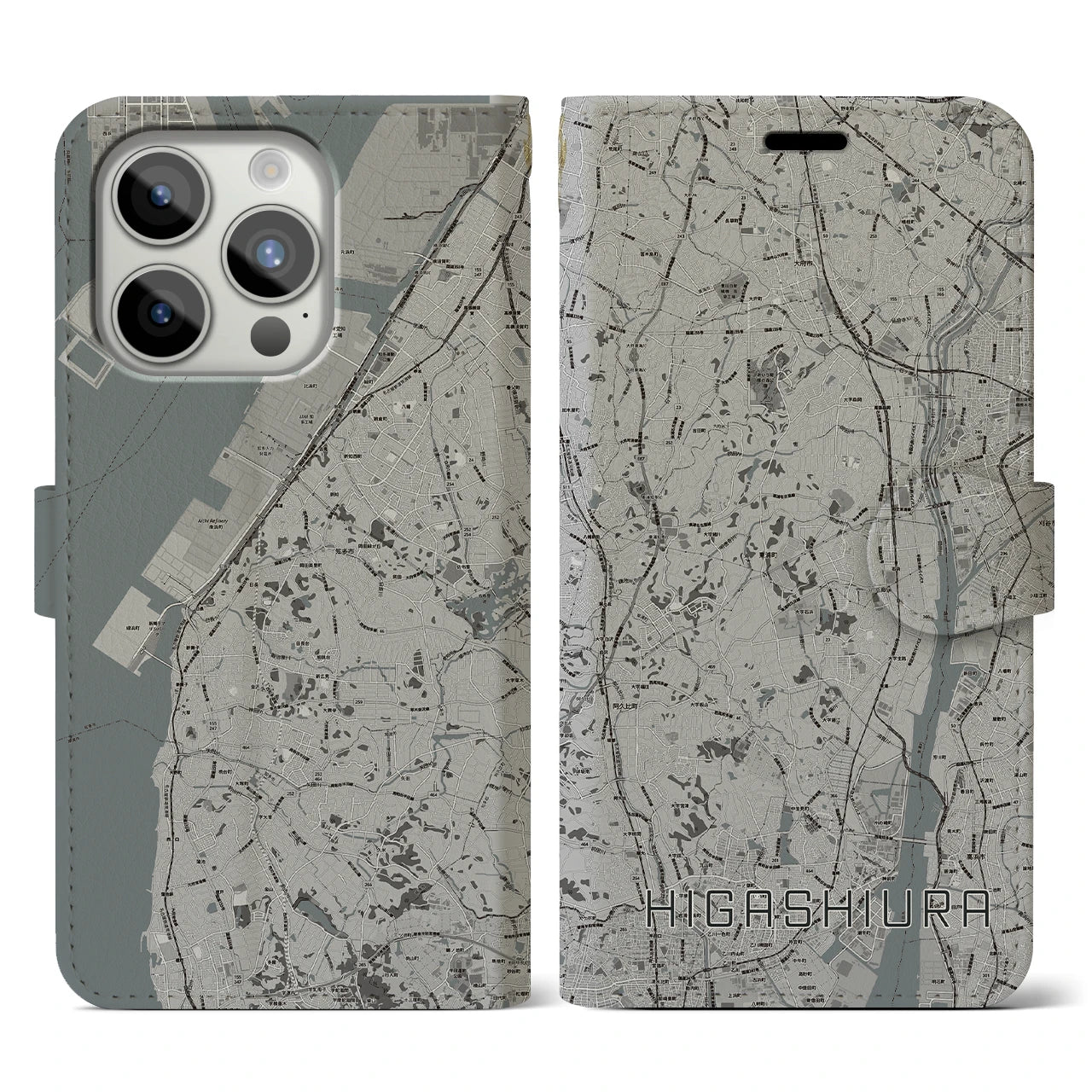 【東浦(愛知県)】地図柄iPhoneケース(手帳タイプ)モノトーン・iPhone 15 Pro 用