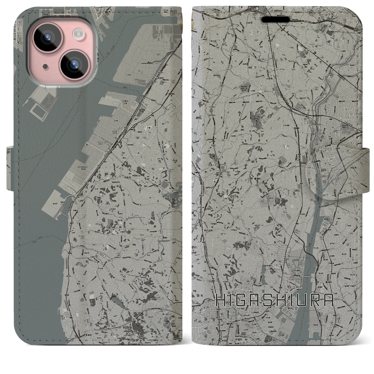 【東浦(愛知県)】地図柄iPhoneケース(手帳タイプ)モノトーン・iPhone 15 Plus 用