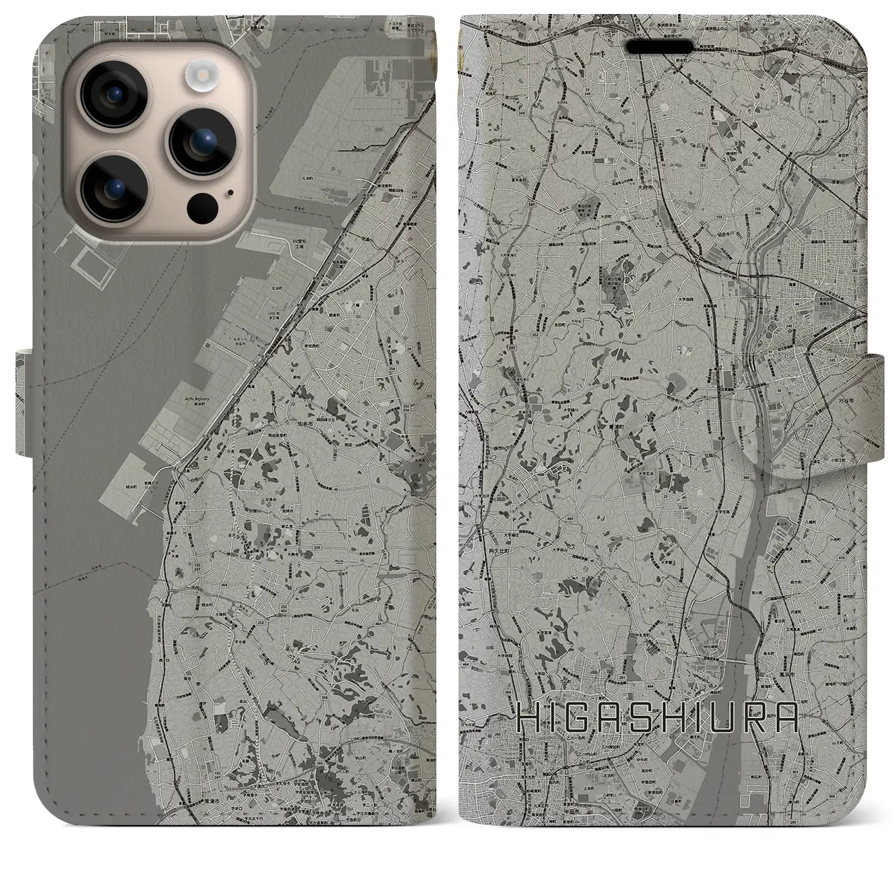 【東浦(愛知県)】地図柄iPhoneケース(手帳タイプ)モノトーン・iPhone 16 Plus 用